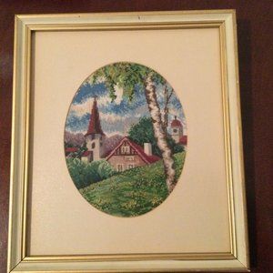 Framed hand made needlework yarn art wall hangings trees house